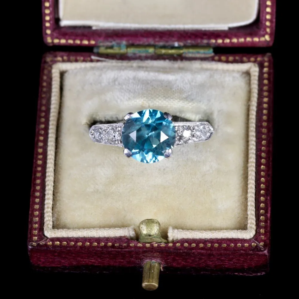 Antique Art Deco Blue Zircon Diamond Ring 18Ct Circa 1920