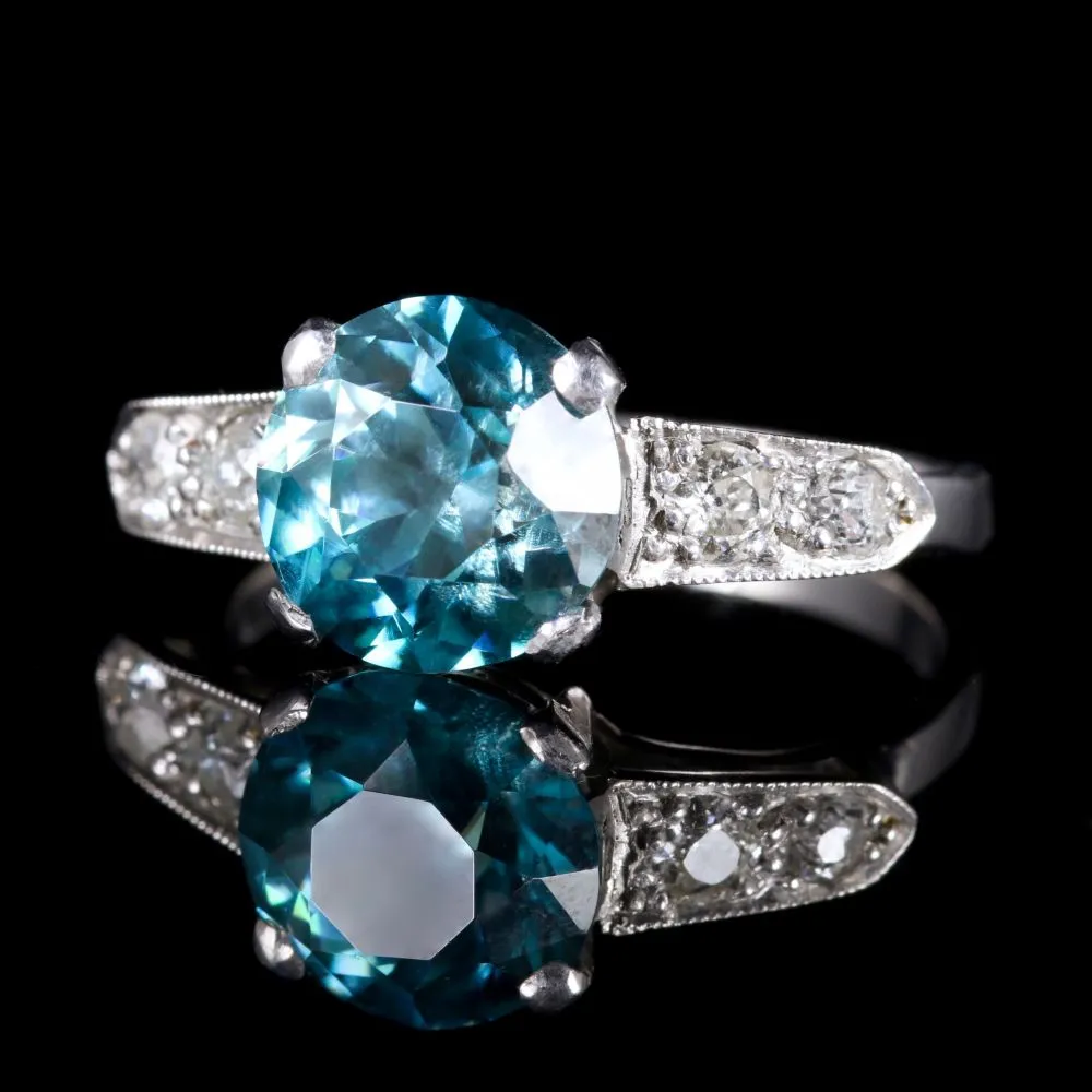 Antique Art Deco Blue Zircon Diamond Ring 18Ct Circa 1920