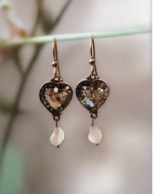 Antique Button Earrings, Clear Glass Heart Shaped With Quartz Drops