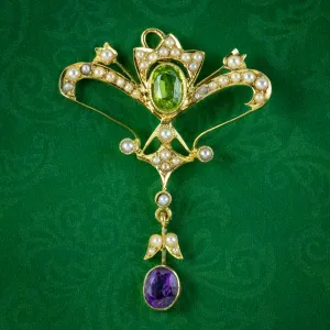 Antique Edwardian Suffragette Pendant Peridot Amethyst Pearl