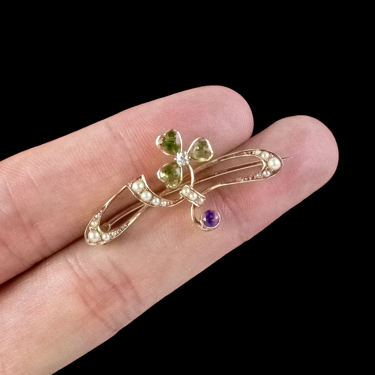 Antique Edwardian Suffragette Shamrock Brooch 15ct Gold