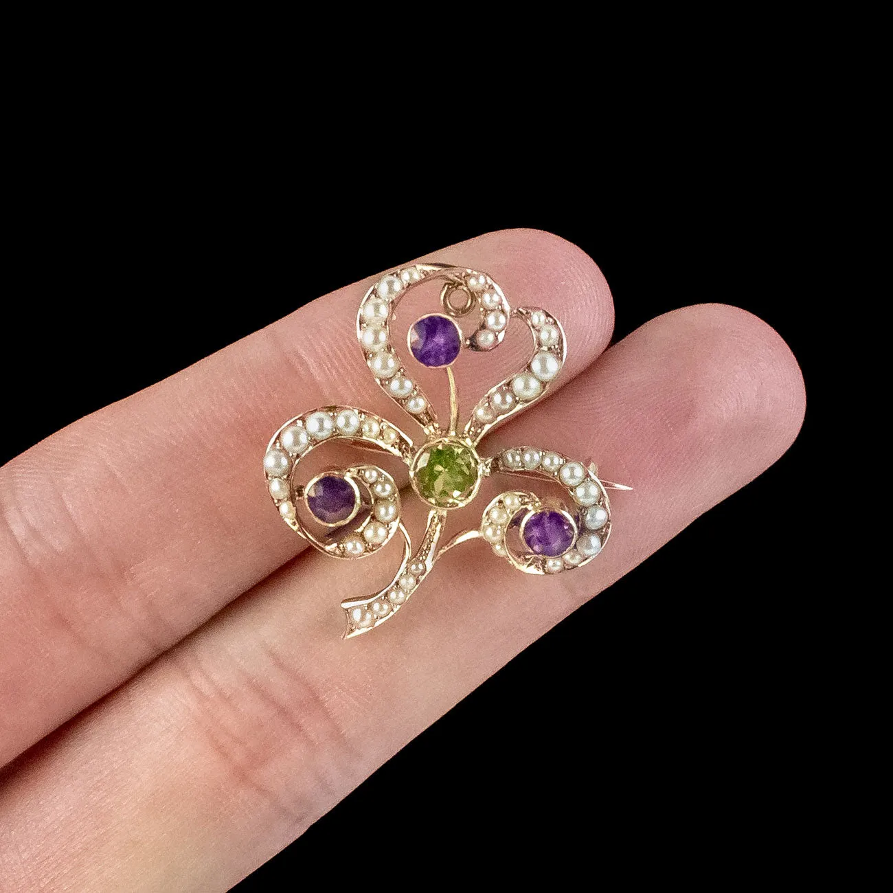 Antique Edwardian Suffragette Three Leaf Clover Brooch 15ct Gold
