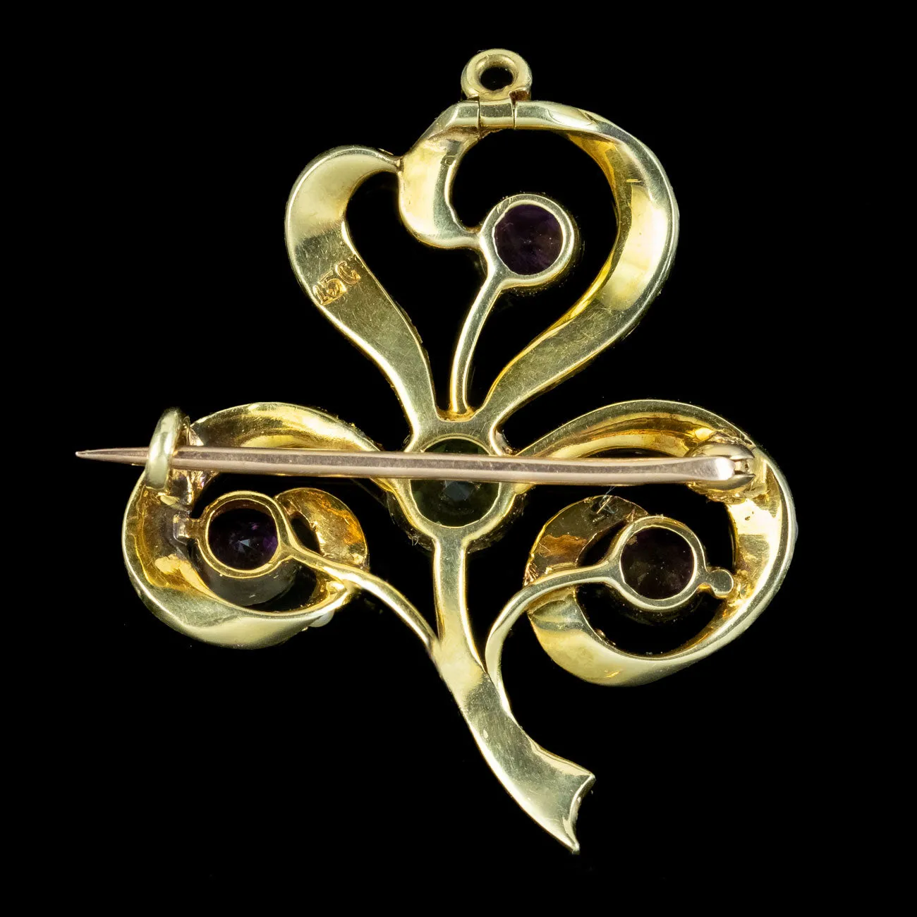 Antique Edwardian Suffragette Three Leaf Clover Brooch 15ct Gold