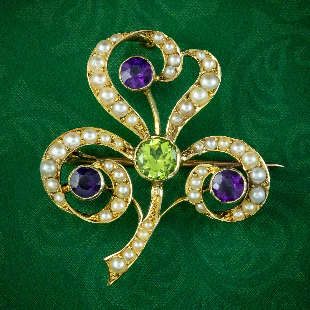 Antique Edwardian Suffragette Three Leaf Clover Brooch 15ct Gold