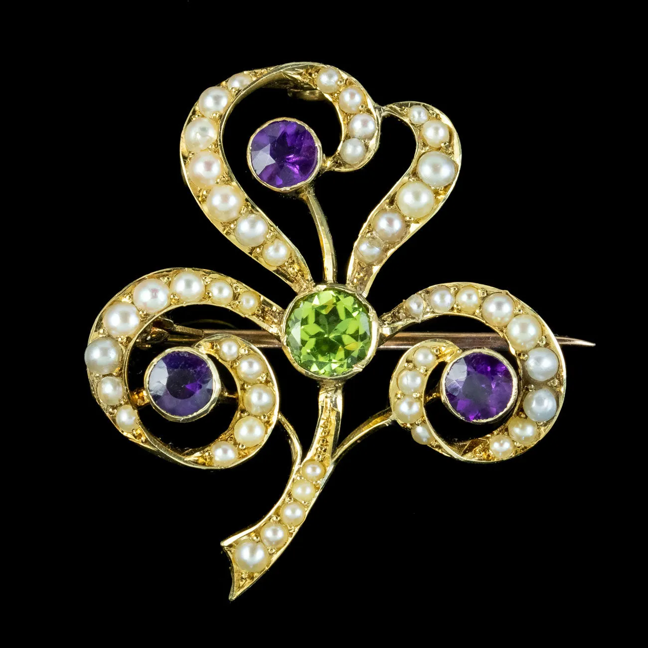 Antique Edwardian Suffragette Three Leaf Clover Brooch 15ct Gold