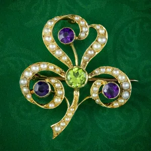 Antique Edwardian Suffragette Three Leaf Clover Brooch 15ct Gold