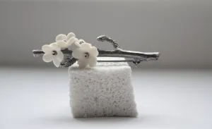 Antique / oxidized solid sterling silver brooch with porcelain flowers - silver twig brooch