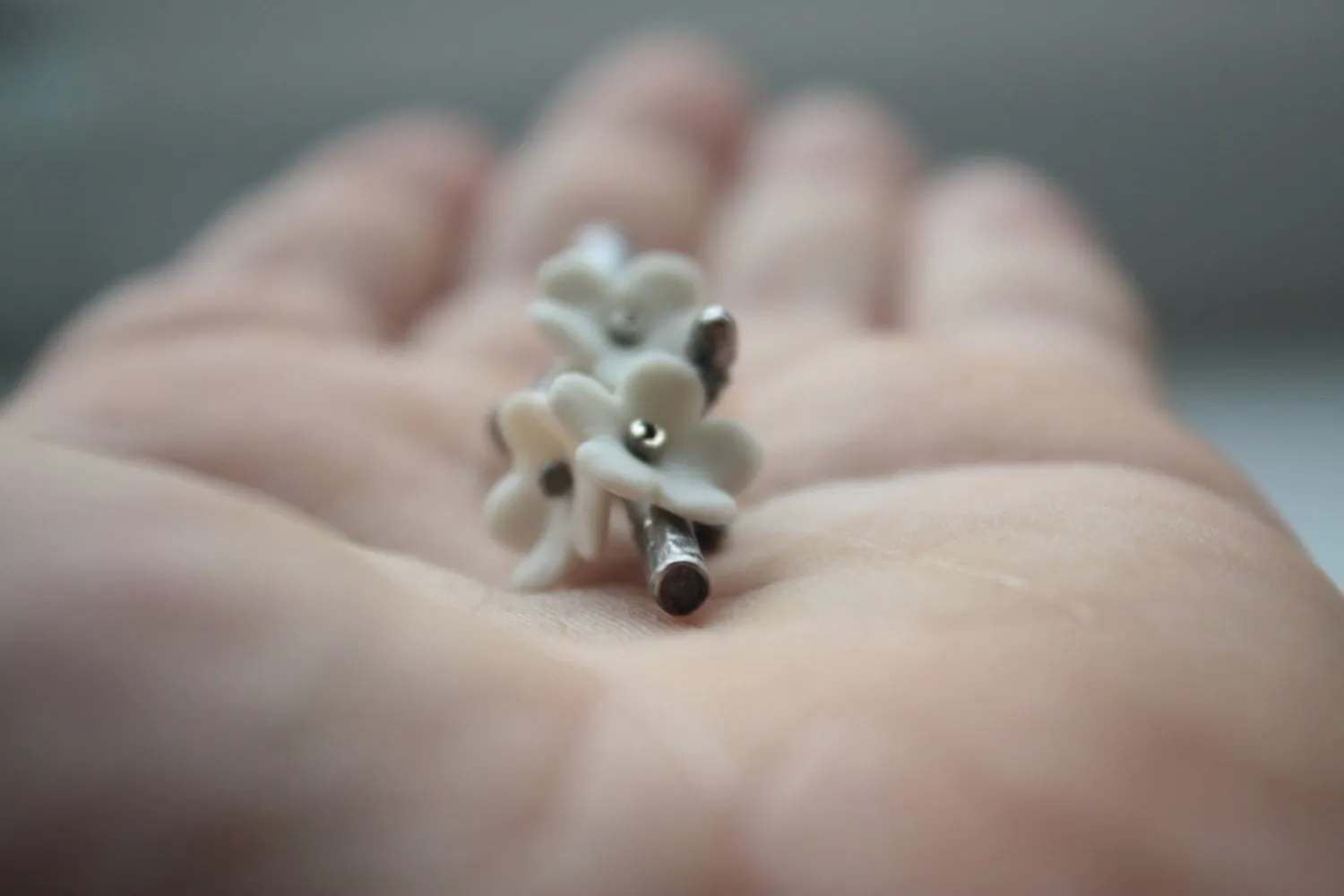 Antique / oxidized solid sterling silver brooch with porcelain flowers - silver twig brooch