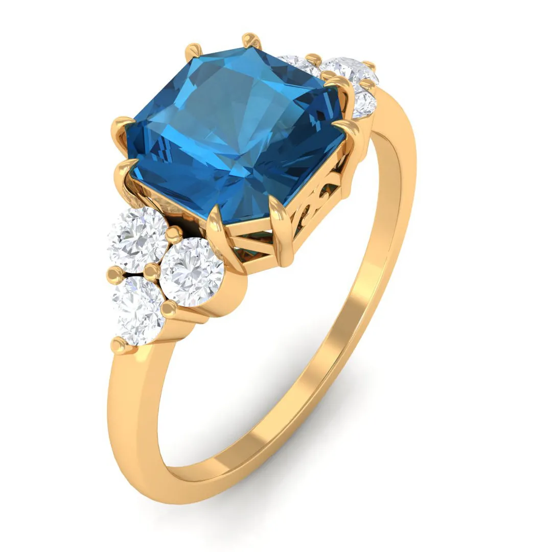 Asscher Cut London Blue Topaz Solitaire Ring with Diamond Trio