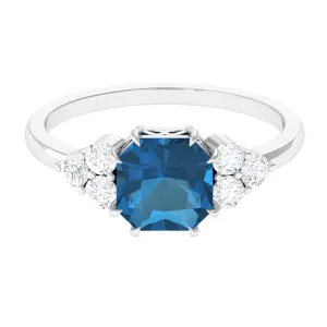 Asscher Cut London Blue Topaz Solitaire Ring with Diamond Trio