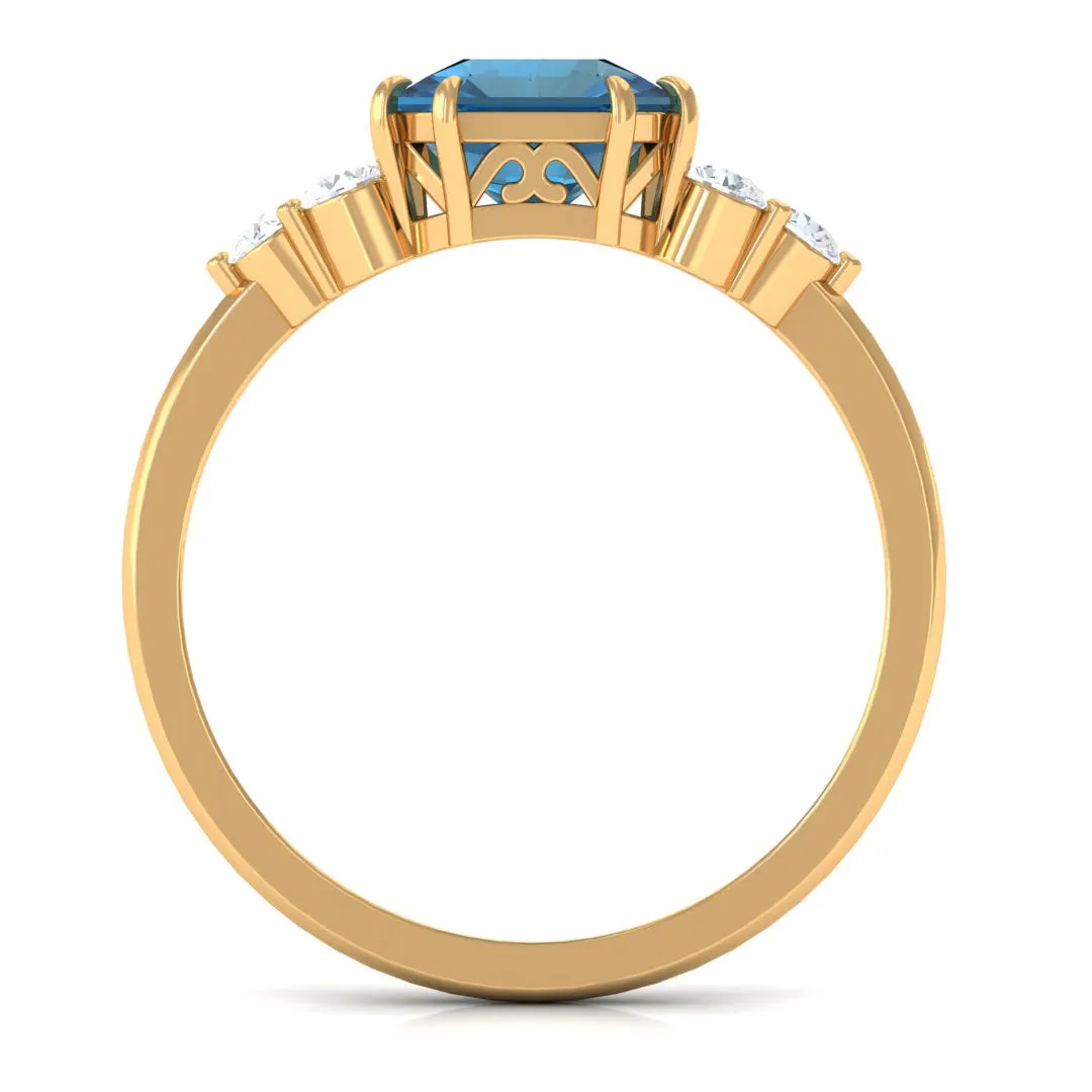 Asscher Cut London Blue Topaz Solitaire Ring with Diamond Trio
