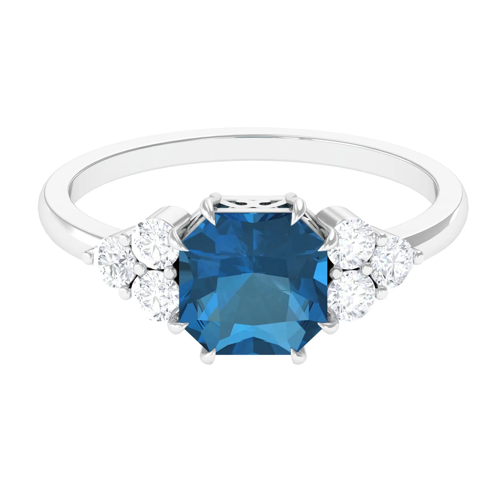 Asscher Cut London Blue Topaz Solitaire Ring with Diamond Trio