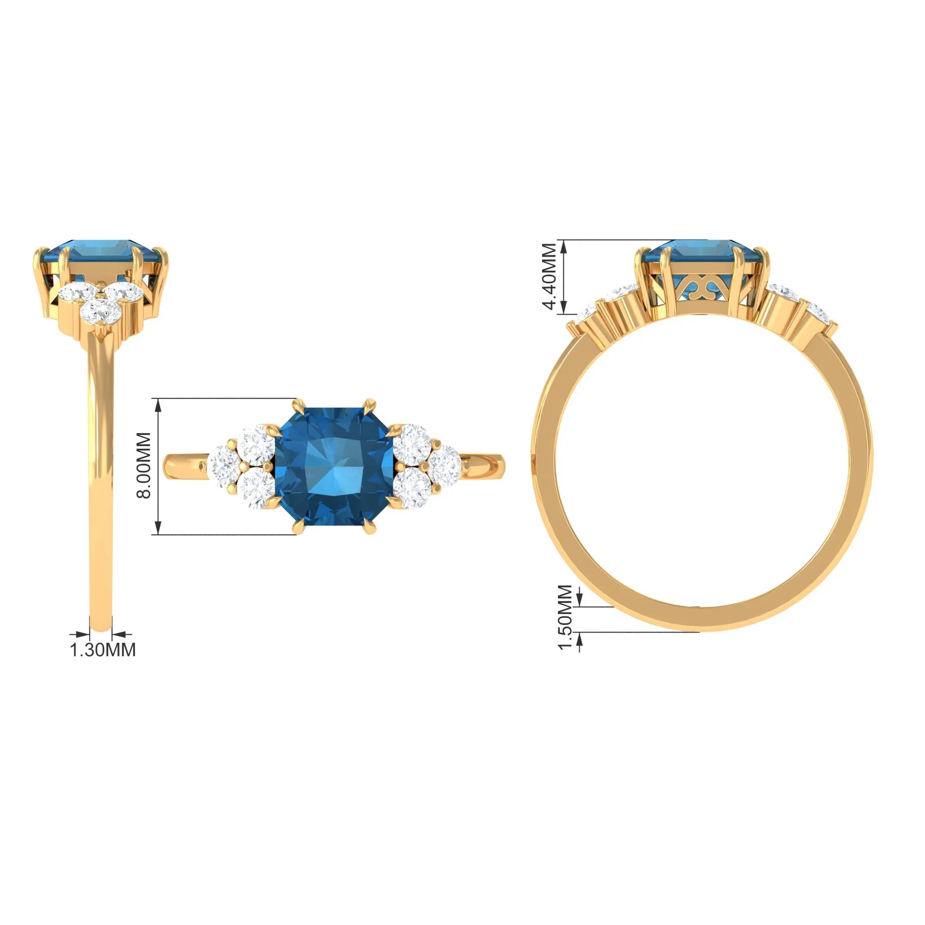 Asscher Cut London Blue Topaz Solitaire Ring with Diamond Trio