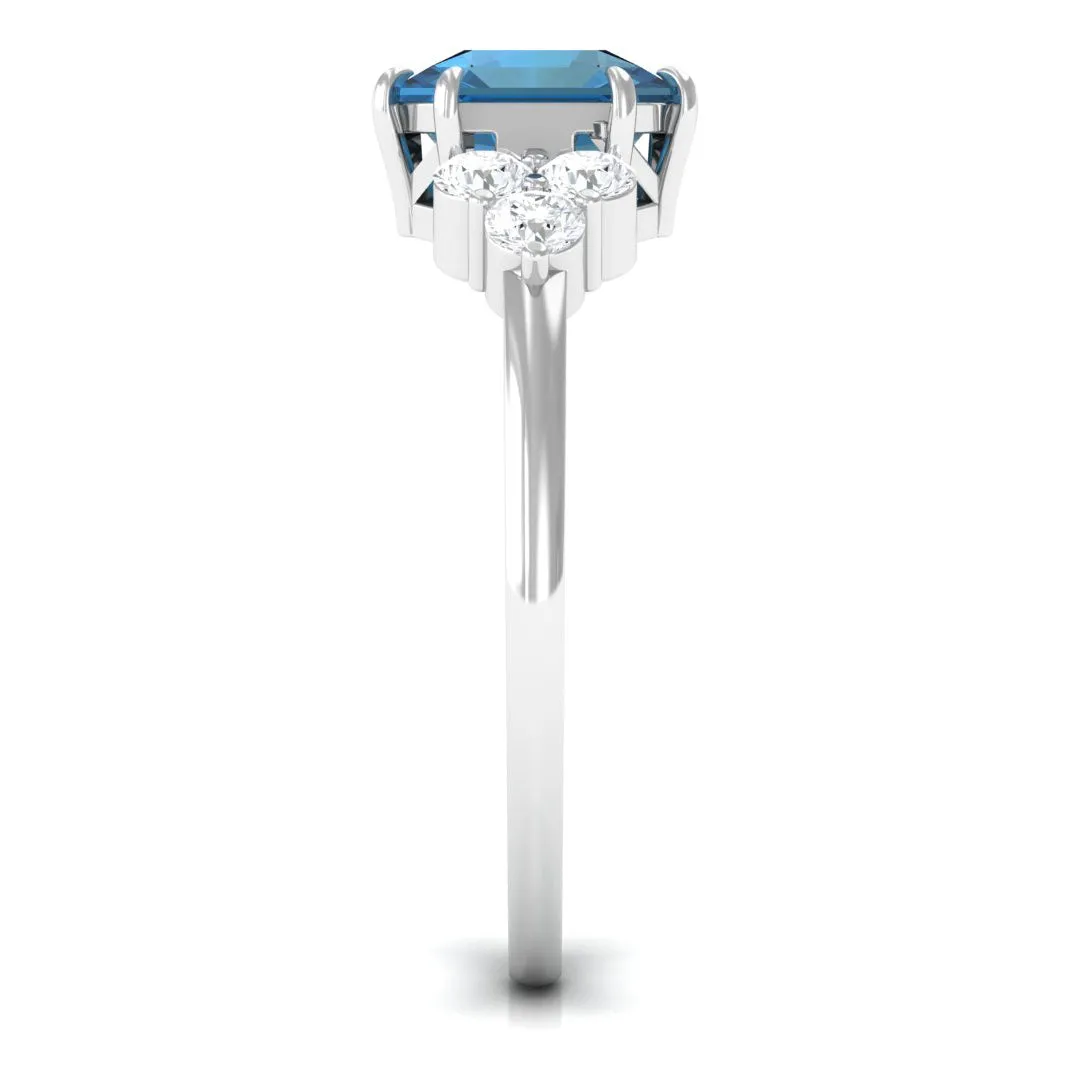 Asscher Cut London Blue Topaz Solitaire Ring with Diamond Trio