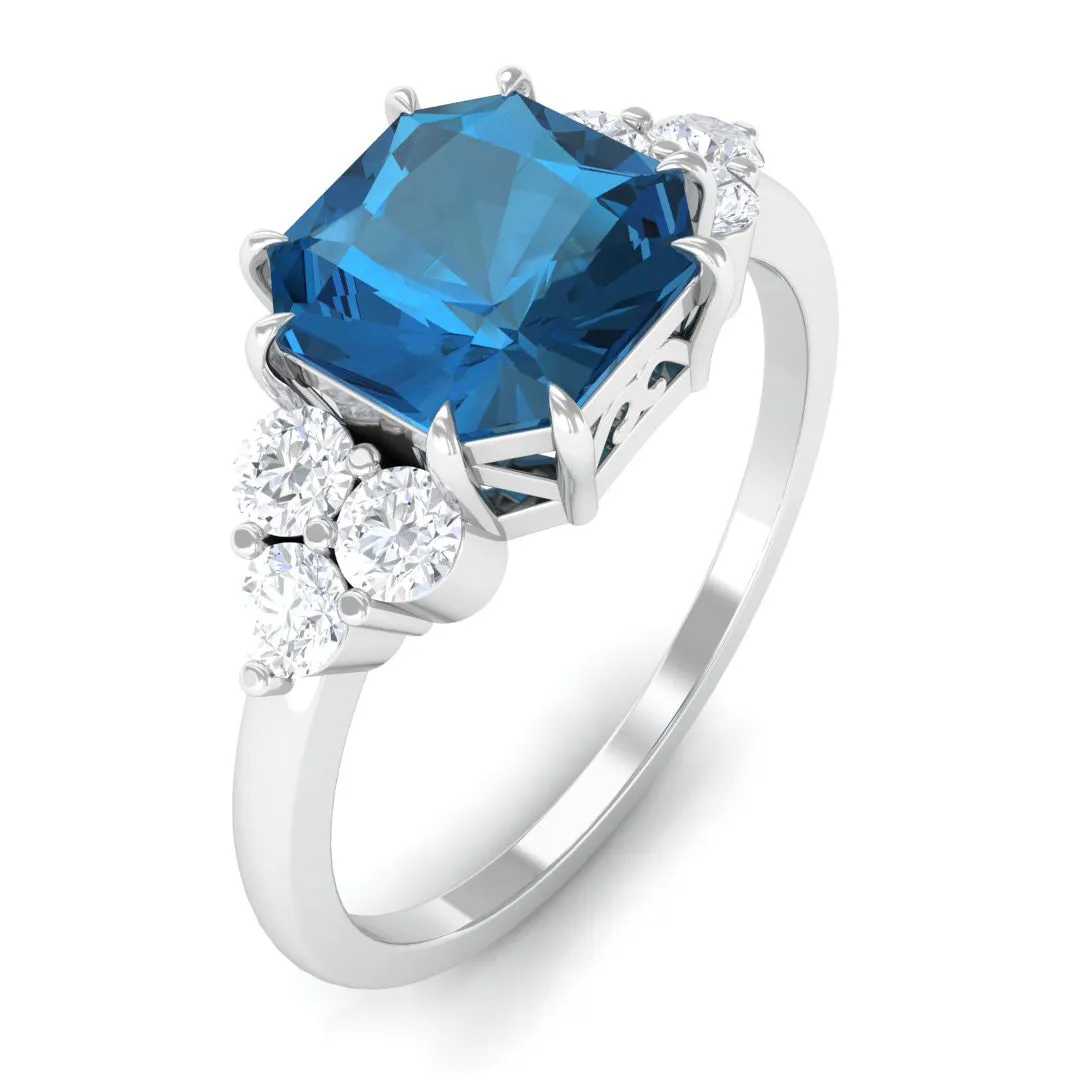 Asscher Cut London Blue Topaz Solitaire Ring with Diamond Trio
