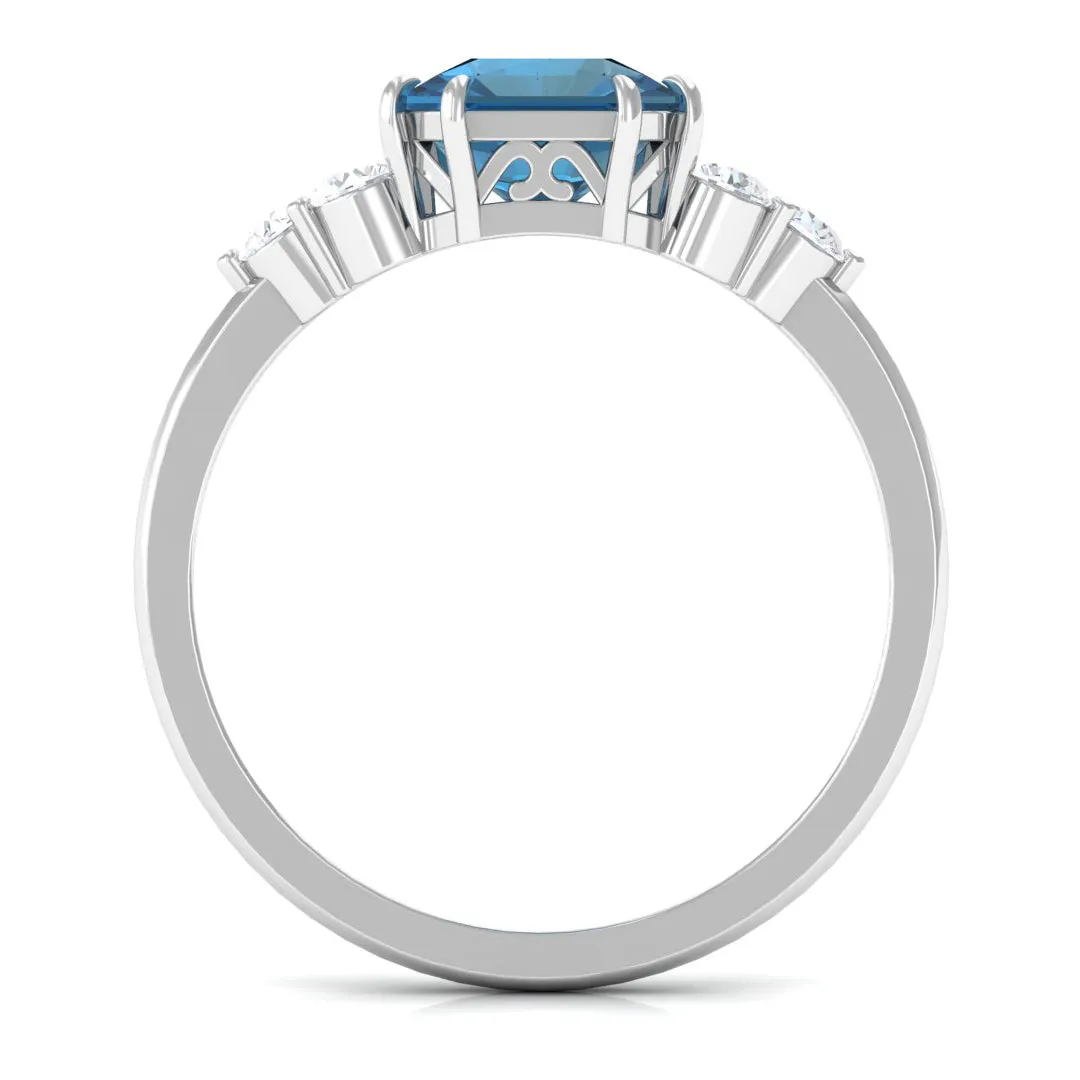 Asscher Cut London Blue Topaz Solitaire Ring with Diamond Trio