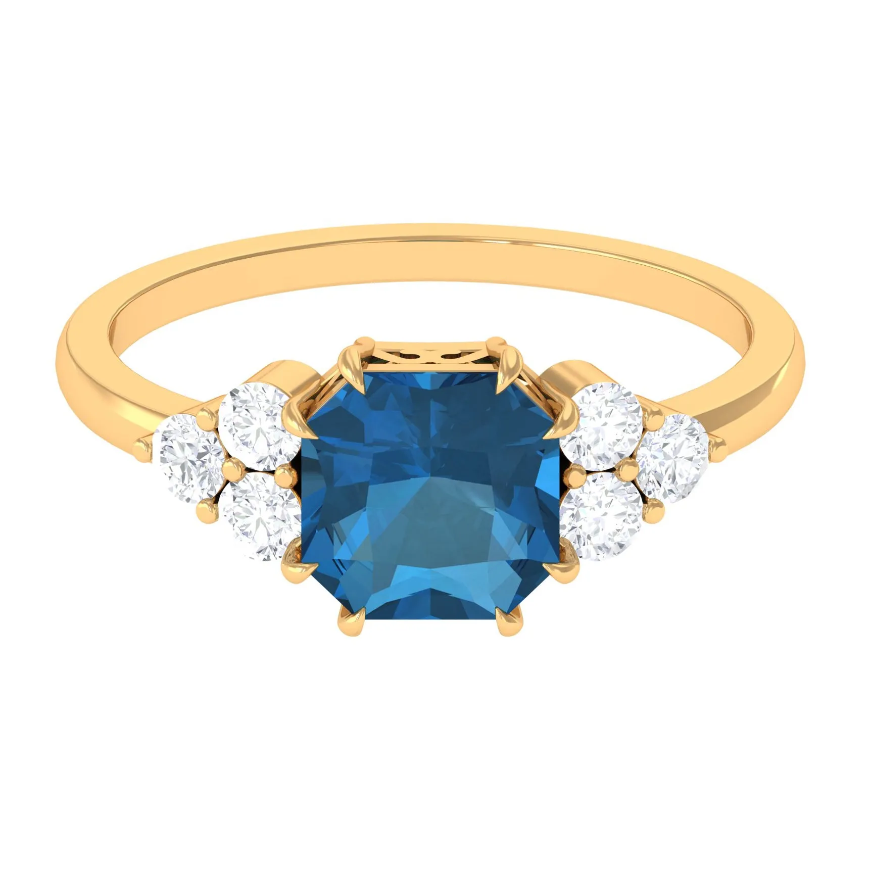 Asscher Cut London Blue Topaz Solitaire Ring with Diamond Trio