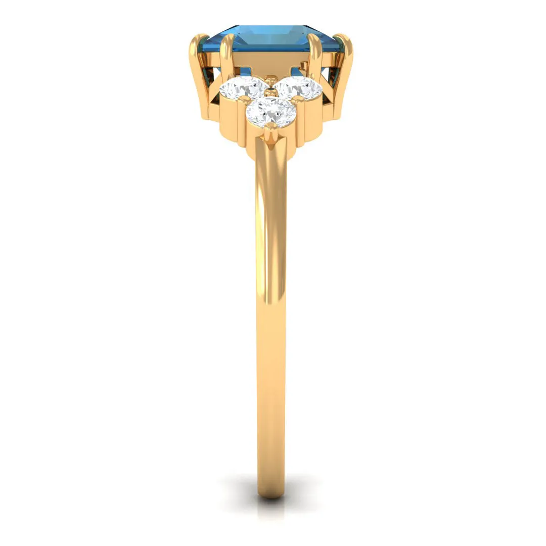 Asscher Cut London Blue Topaz Solitaire Ring with Diamond Trio