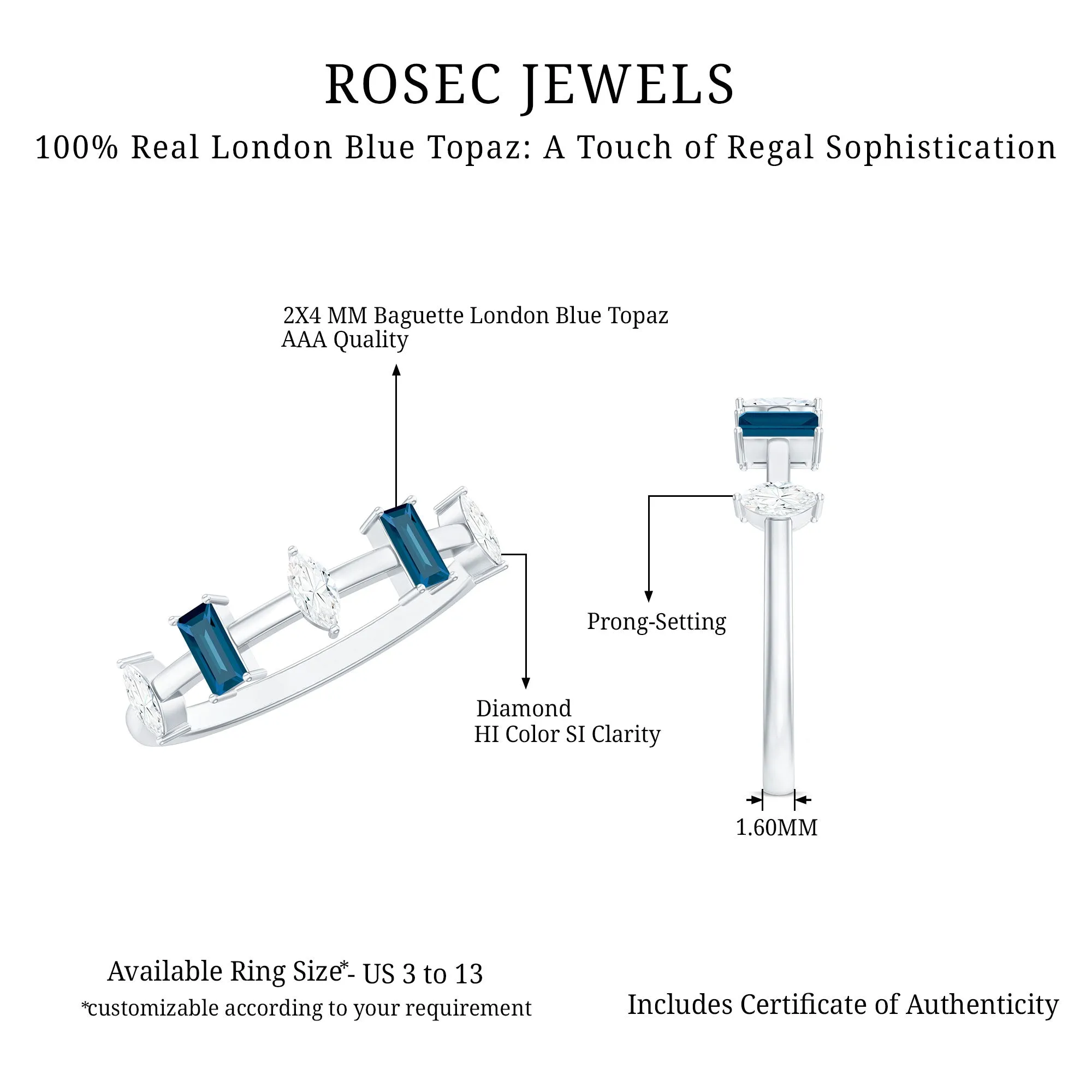 Baguette London Blue Topaz and Marquise Diamond Half Eternity Ring