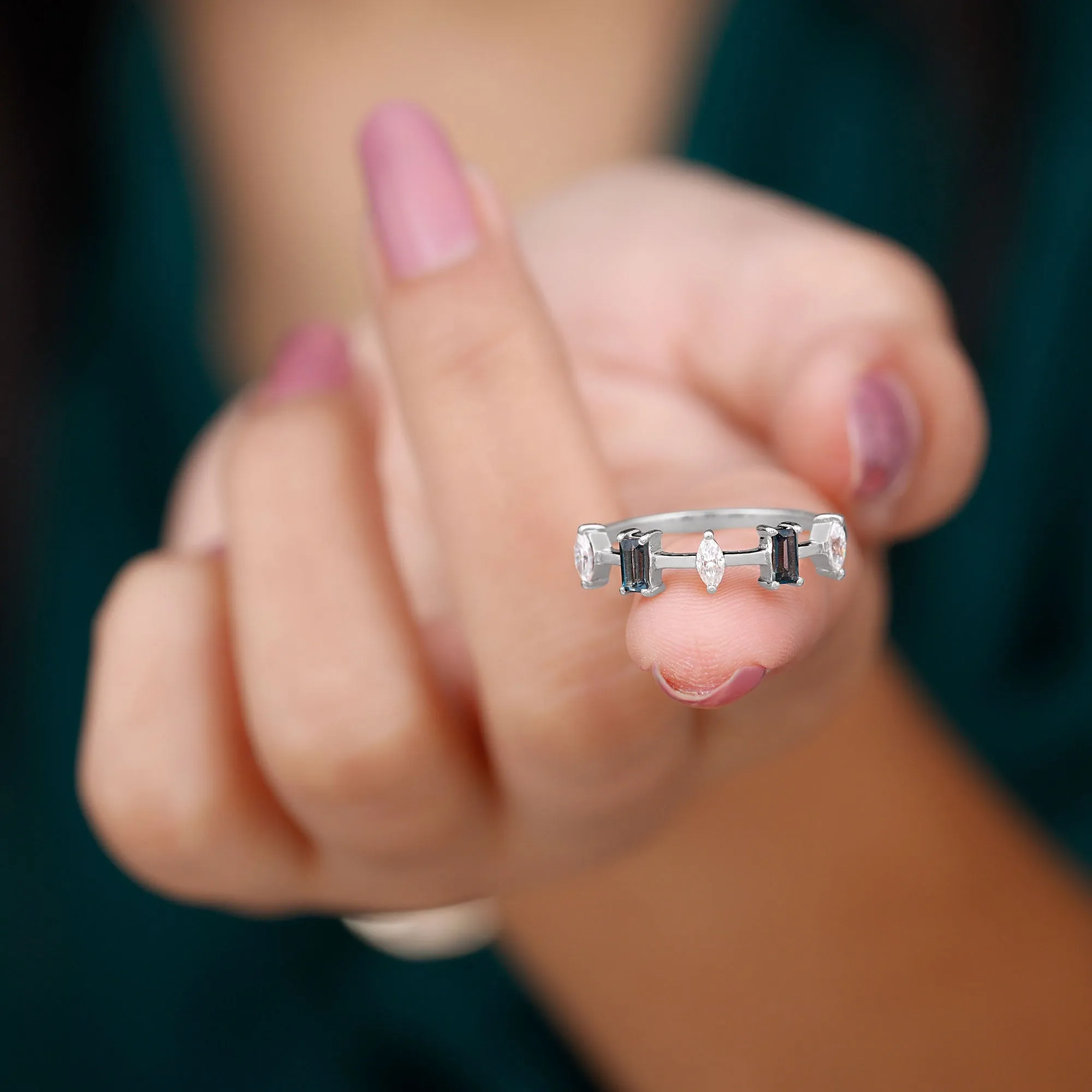 Baguette London Blue Topaz and Marquise Diamond Half Eternity Ring