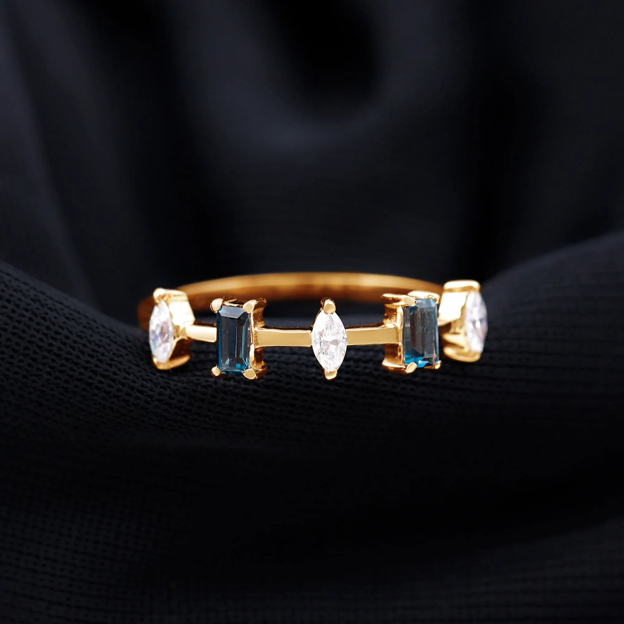 Baguette London Blue Topaz and Marquise Diamond Half Eternity Ring