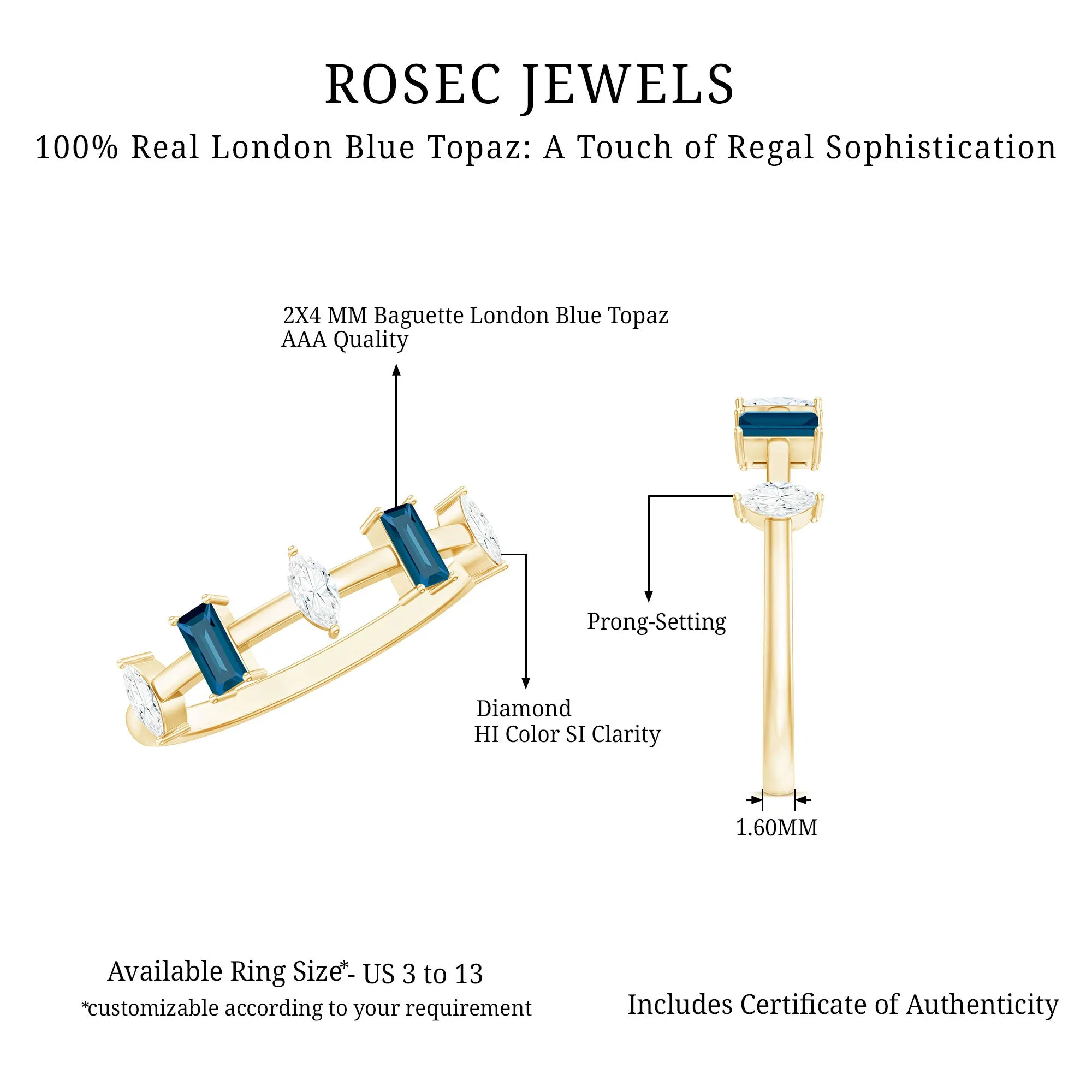 Baguette London Blue Topaz and Marquise Diamond Half Eternity Ring
