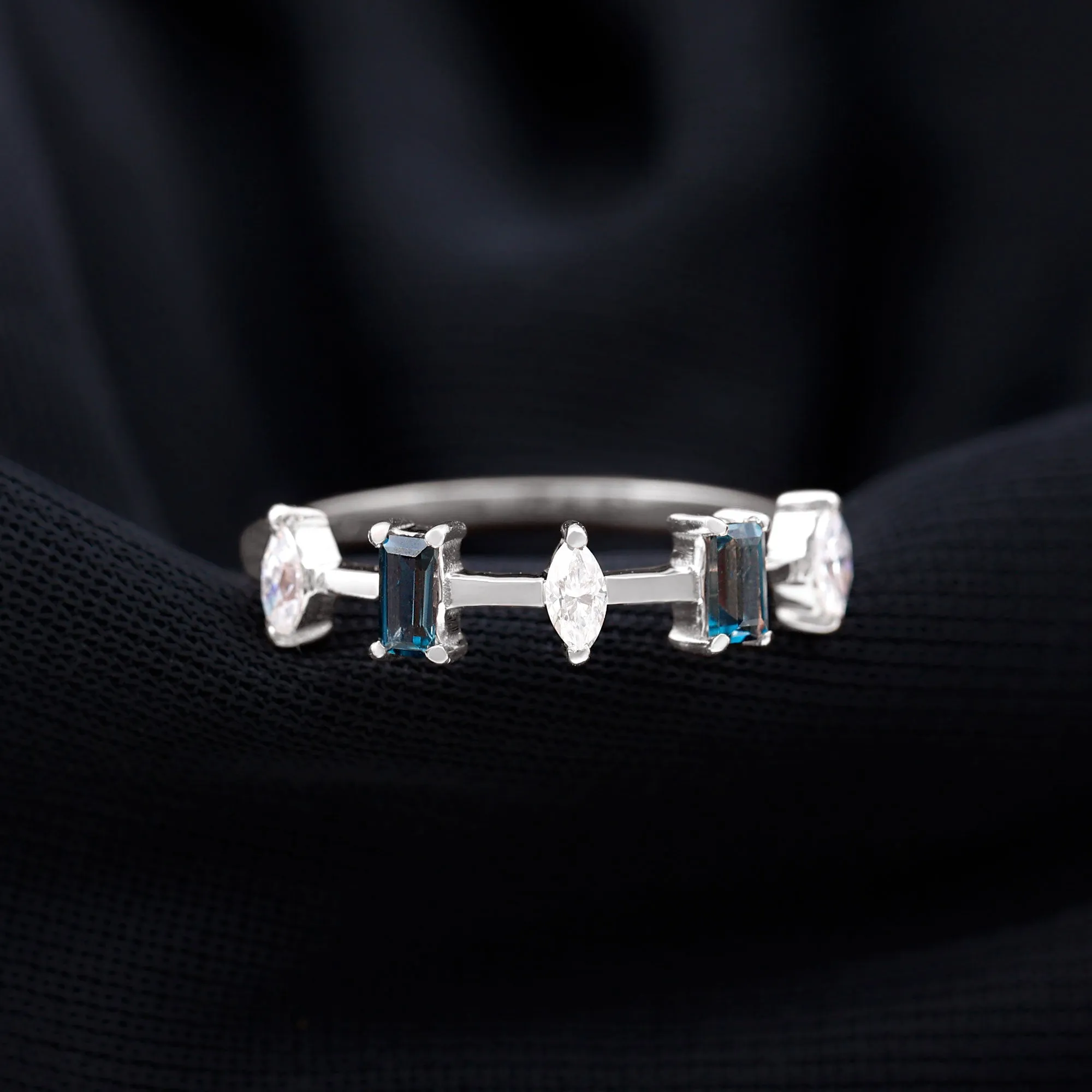 Baguette London Blue Topaz and Marquise Diamond Half Eternity Ring