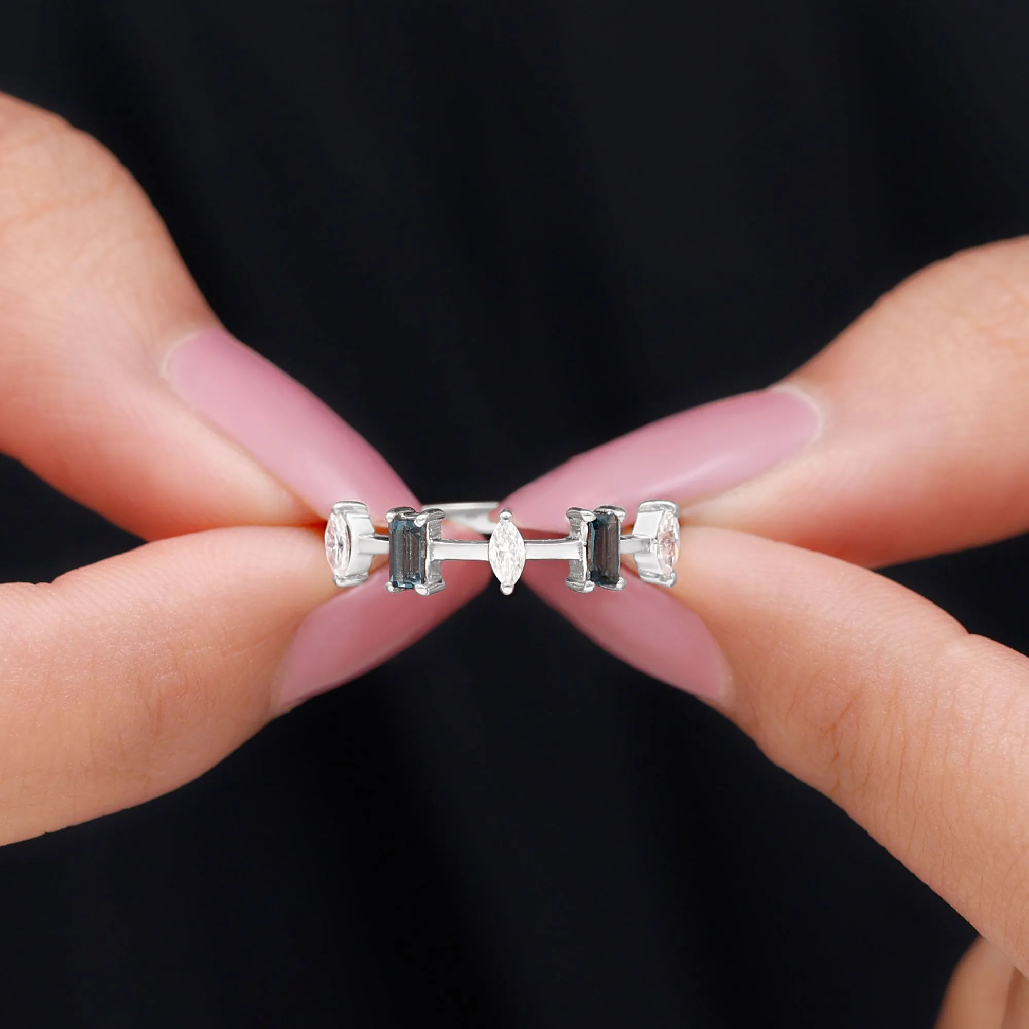 Baguette London Blue Topaz and Marquise Diamond Half Eternity Ring