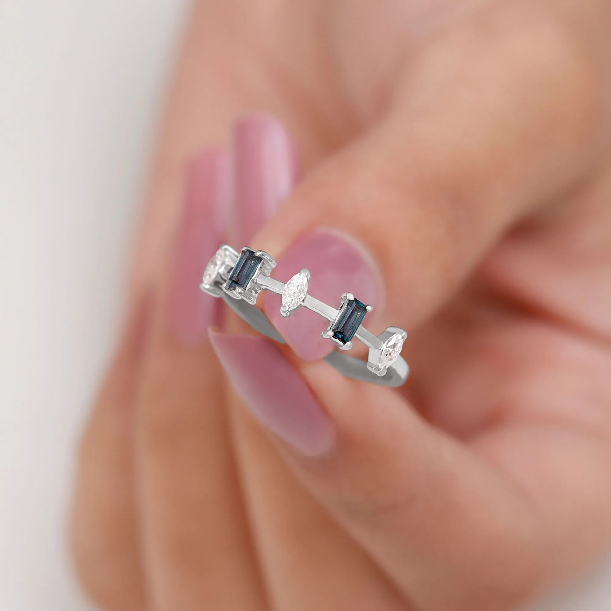 Baguette London Blue Topaz and Marquise Diamond Half Eternity Ring
