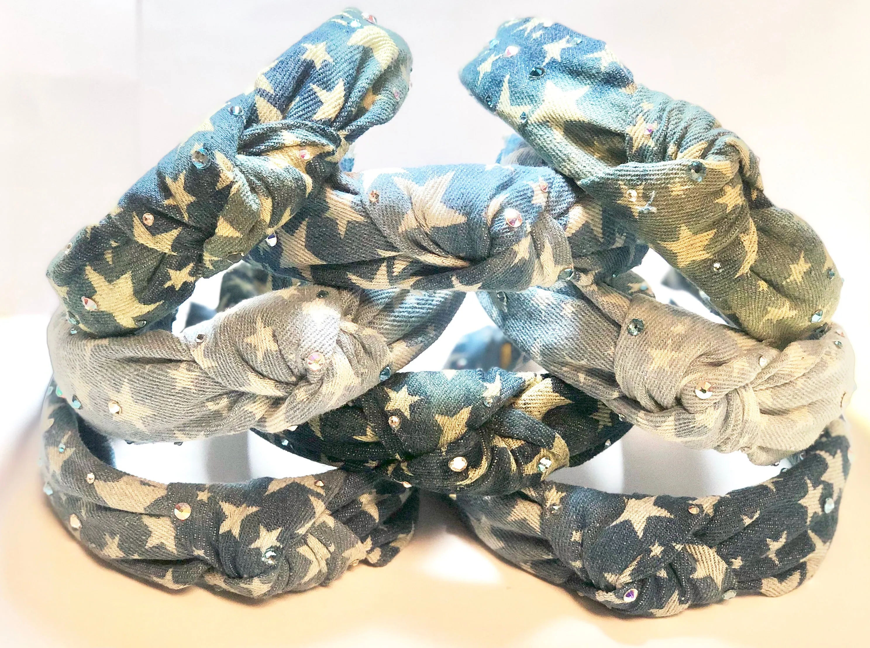 Bari Lynn Denim Stars Twist Knot Headband with Crystals