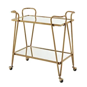 Benzara 2 Tier Mirror and Metal Bar Cart with Hairpin Legs, Gold and Clear