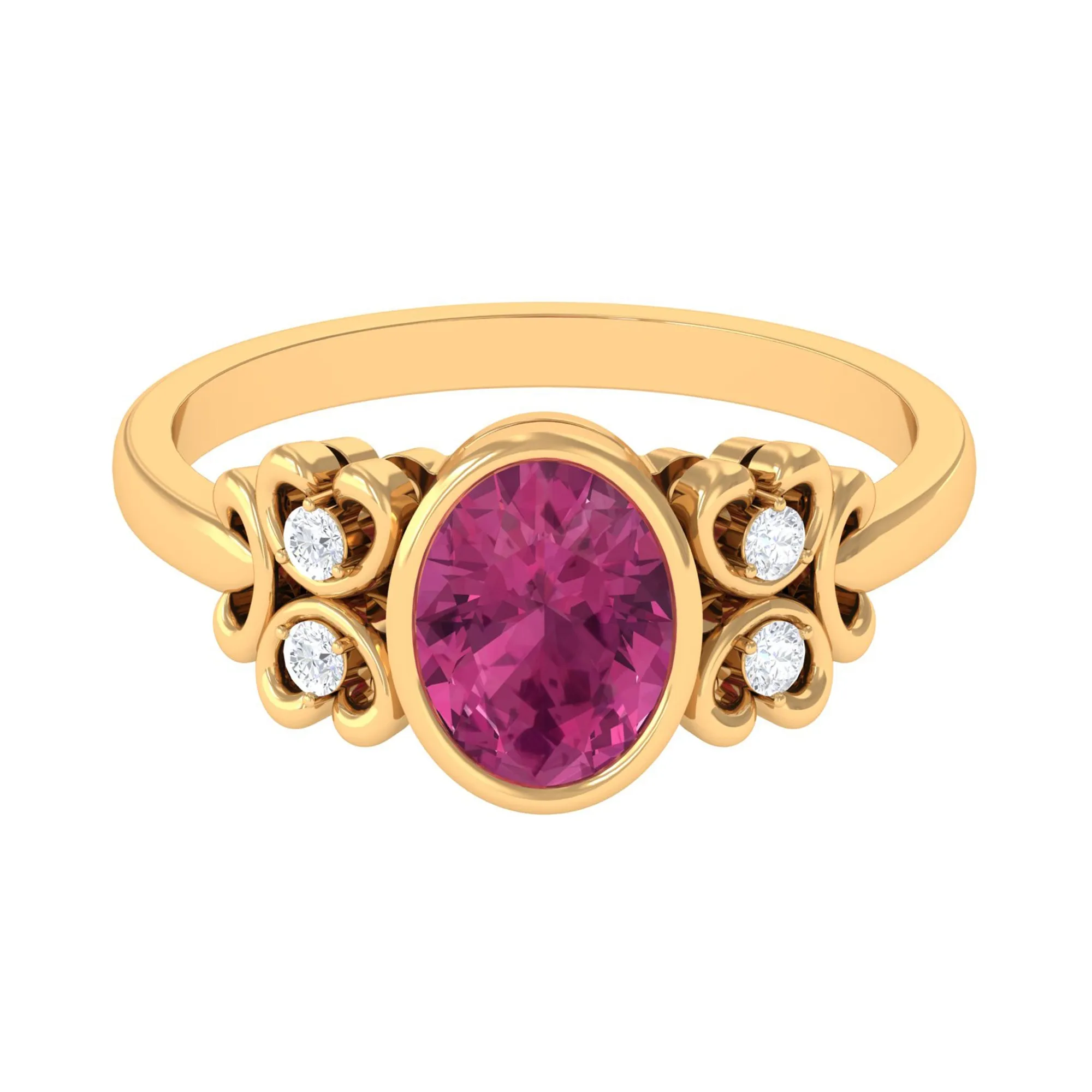 Bezel Set Oval Pink Tourmaline Statement Engagement Ring with Diamond
