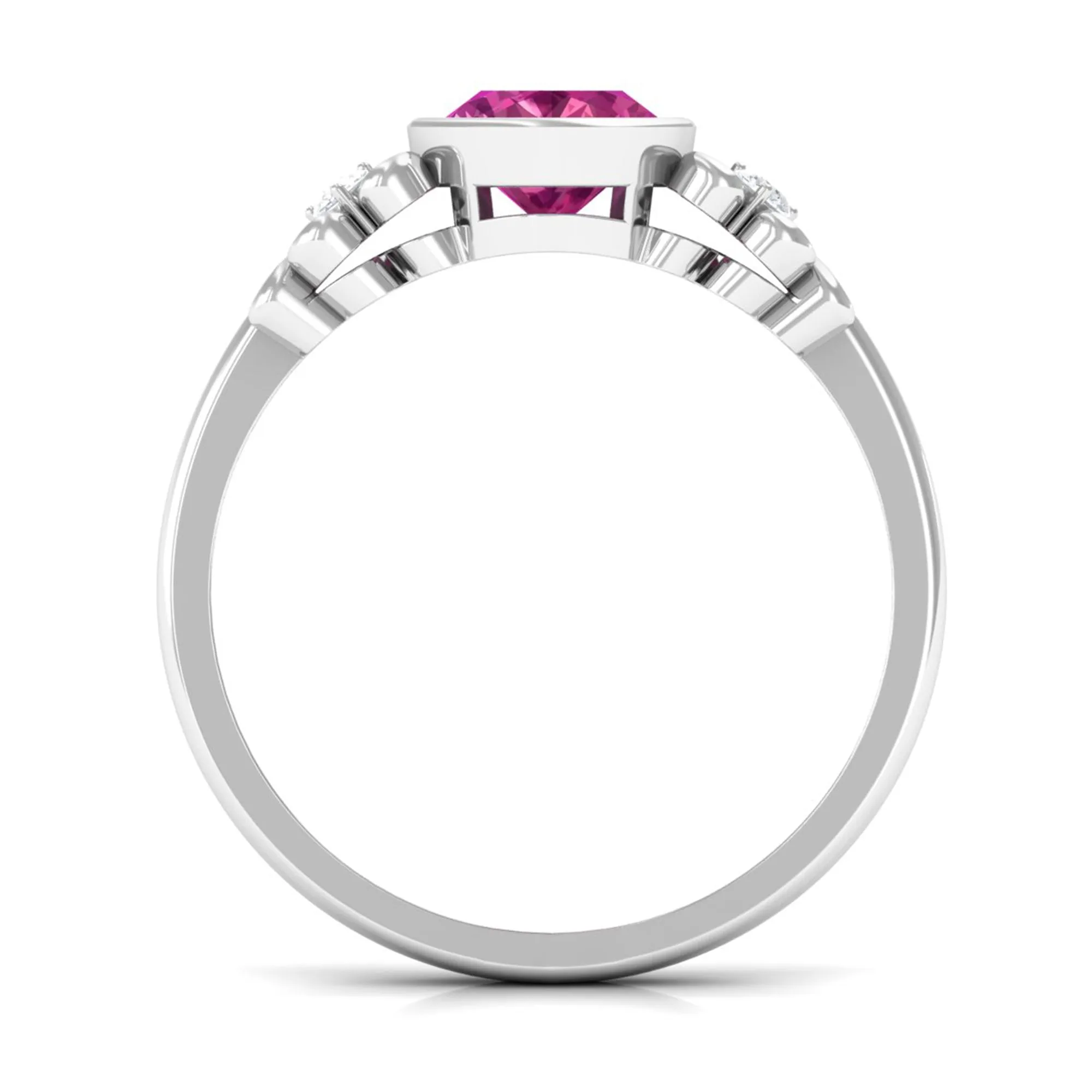 Bezel Set Oval Pink Tourmaline Statement Engagement Ring with Diamond