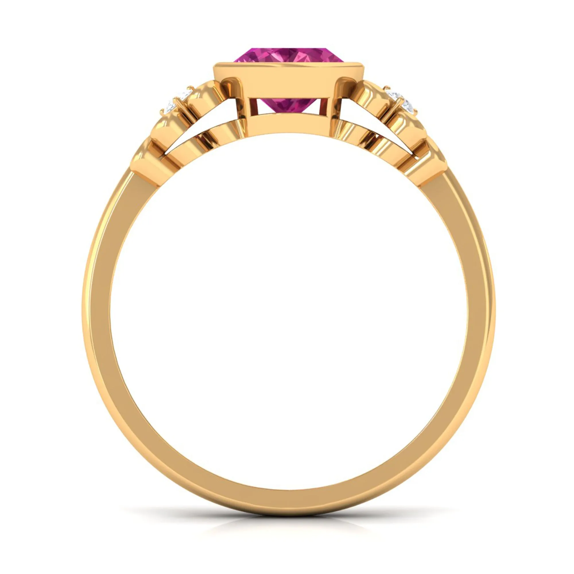 Bezel Set Oval Pink Tourmaline Statement Engagement Ring with Diamond