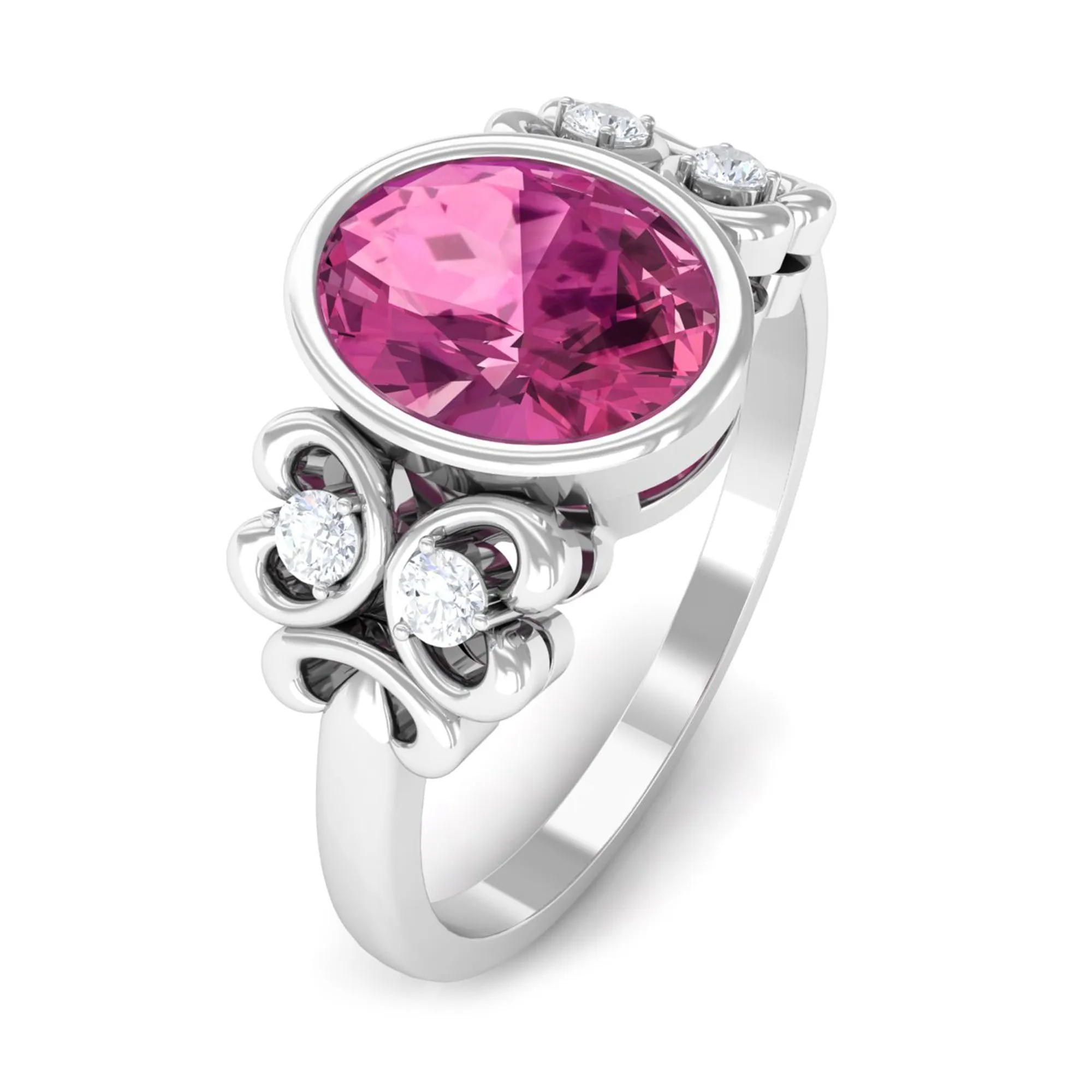 Bezel Set Oval Pink Tourmaline Statement Engagement Ring with Diamond