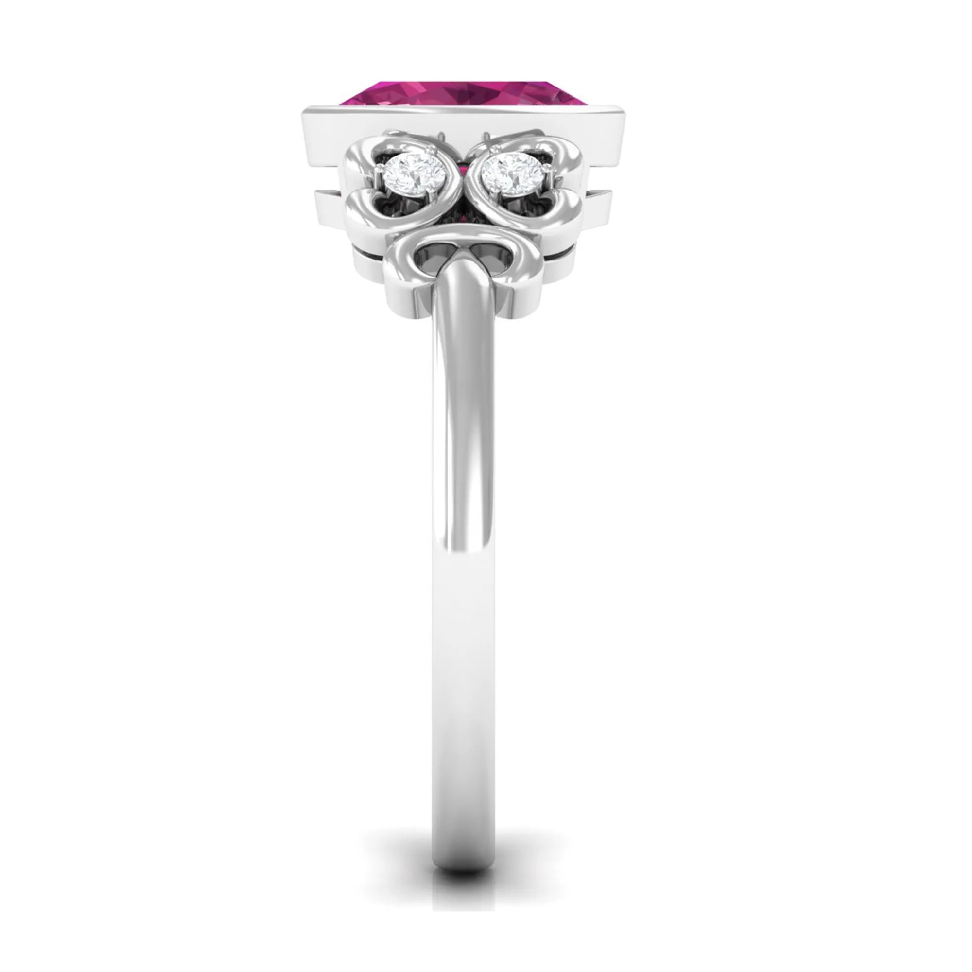 Bezel Set Oval Pink Tourmaline Statement Engagement Ring with Diamond
