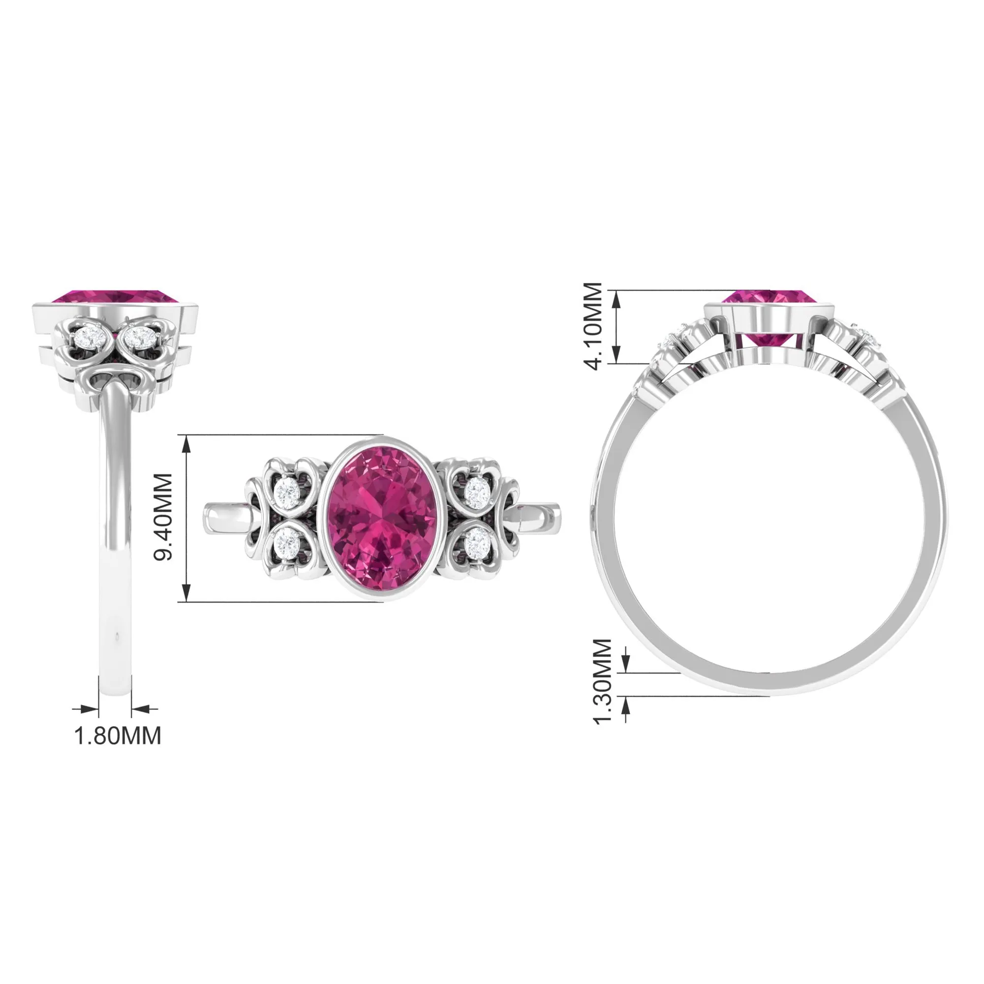 Bezel Set Oval Pink Tourmaline Statement Engagement Ring with Diamond
