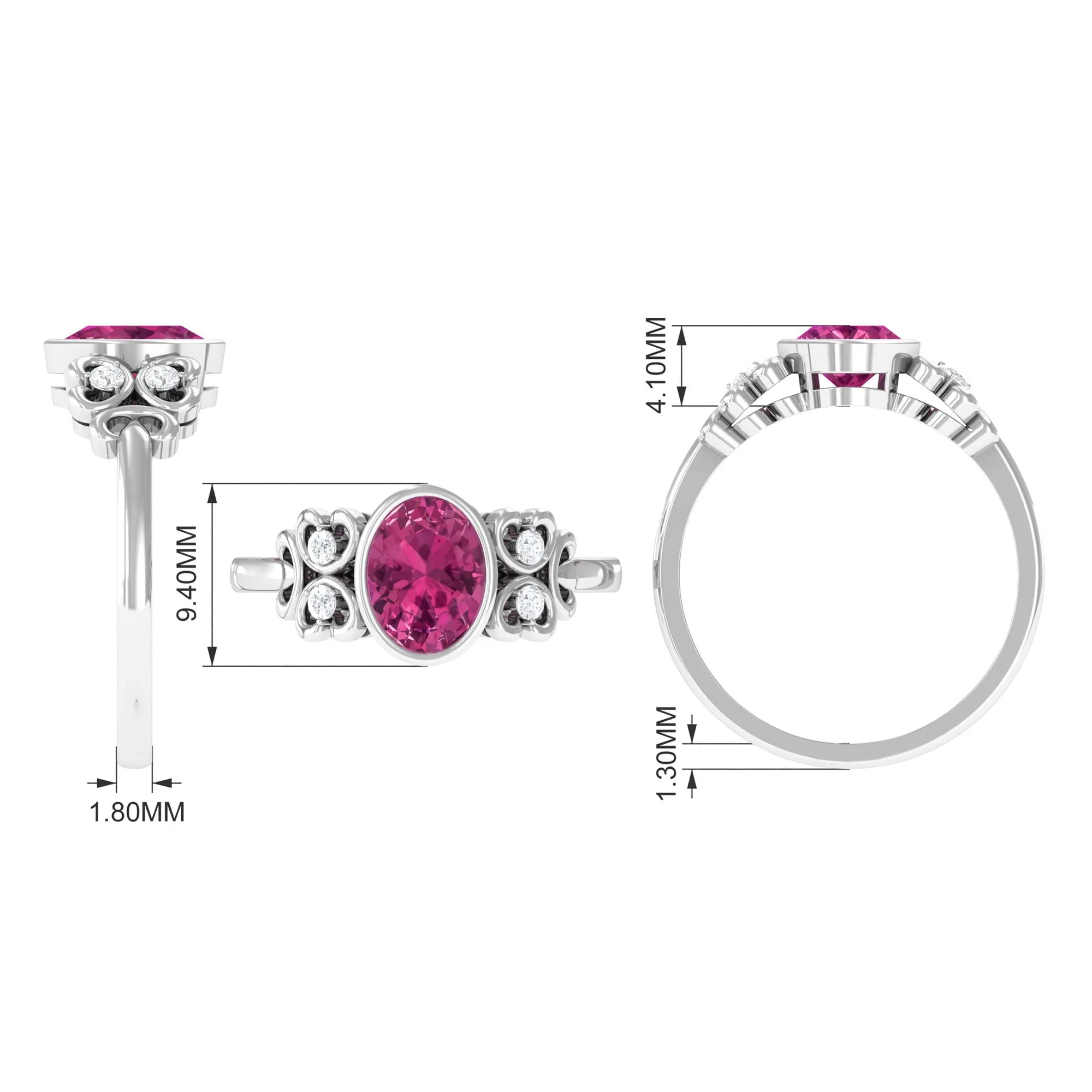 Bezel Set Oval Pink Tourmaline Statement Engagement Ring with Diamond