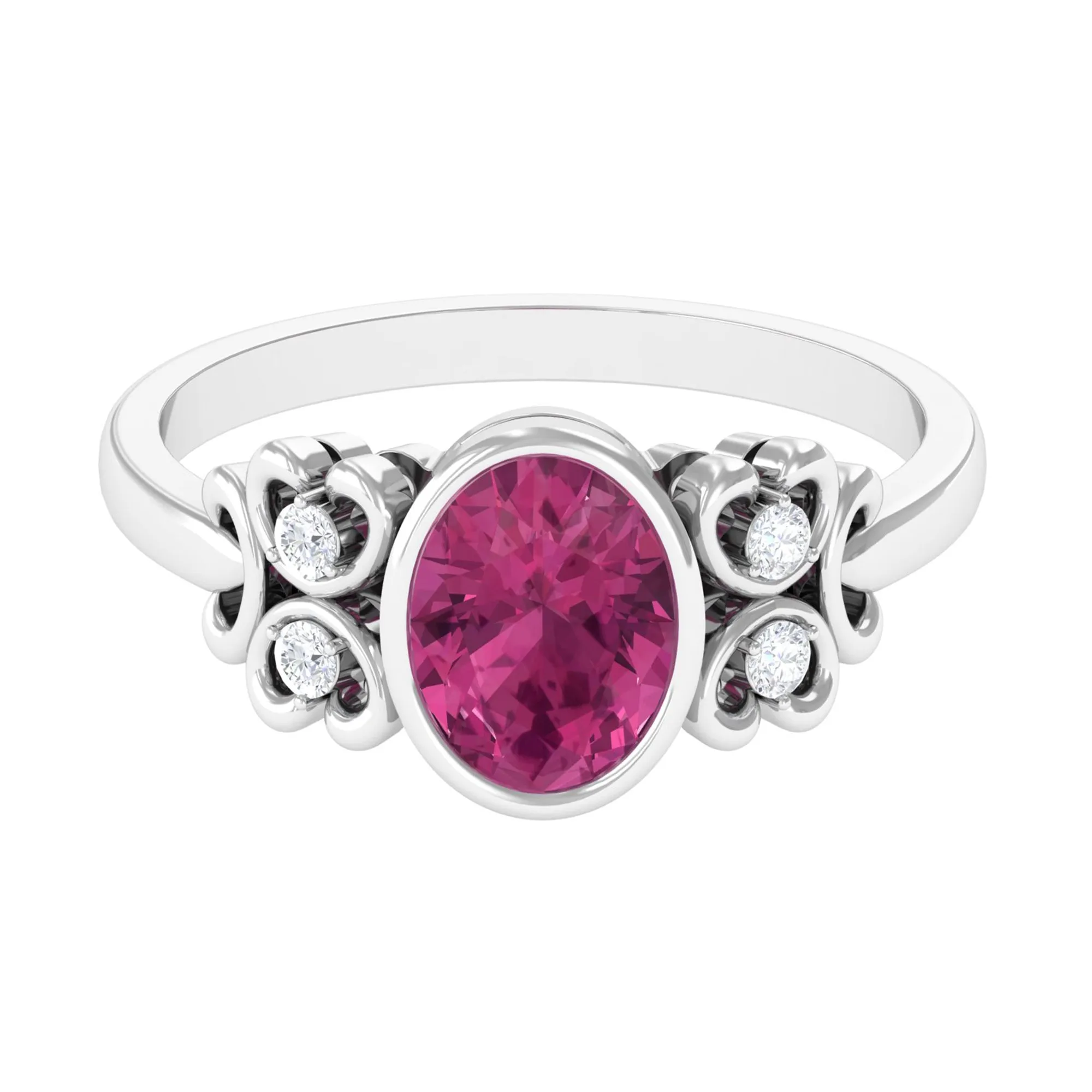 Bezel Set Oval Pink Tourmaline Statement Engagement Ring with Diamond
