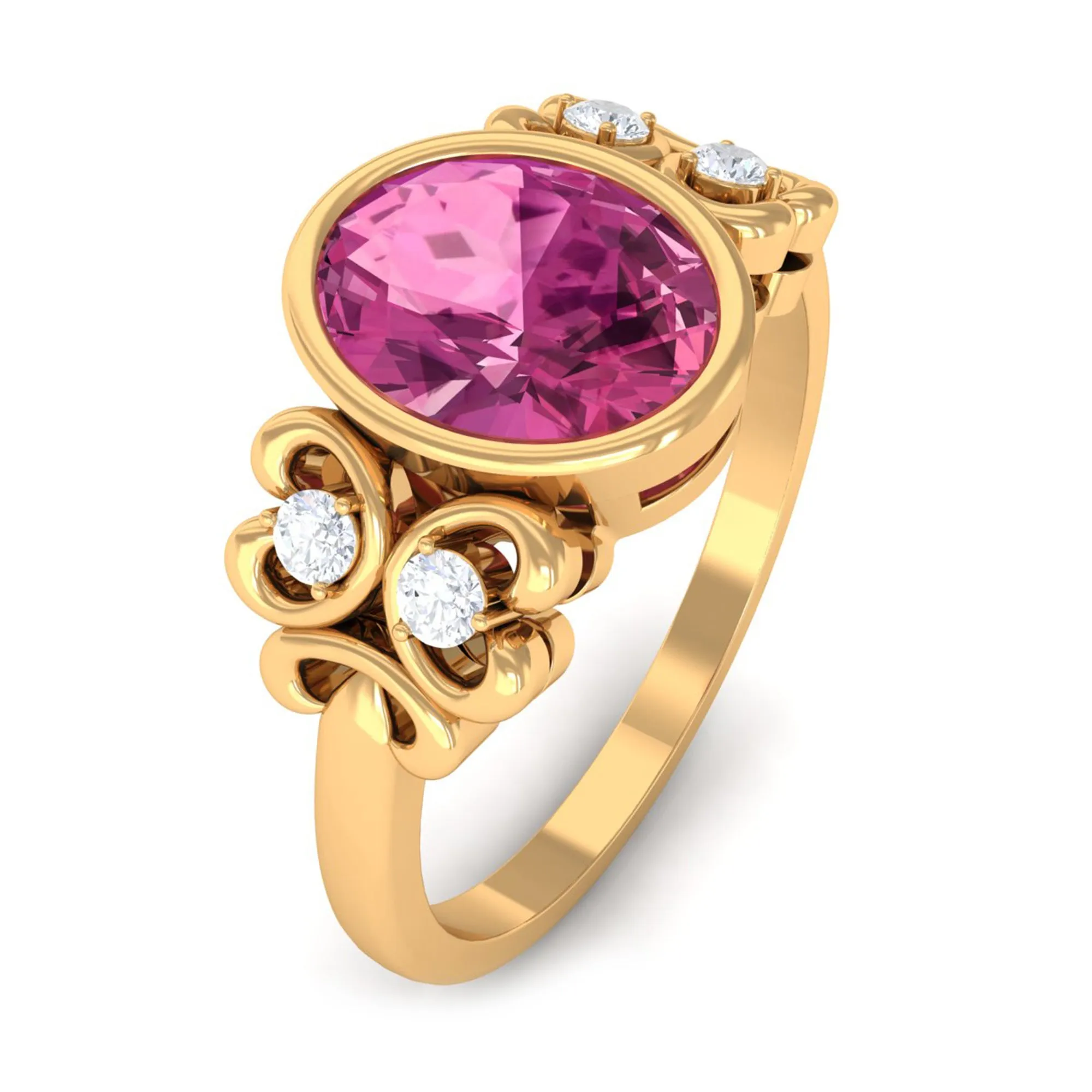 Bezel Set Oval Pink Tourmaline Statement Engagement Ring with Diamond