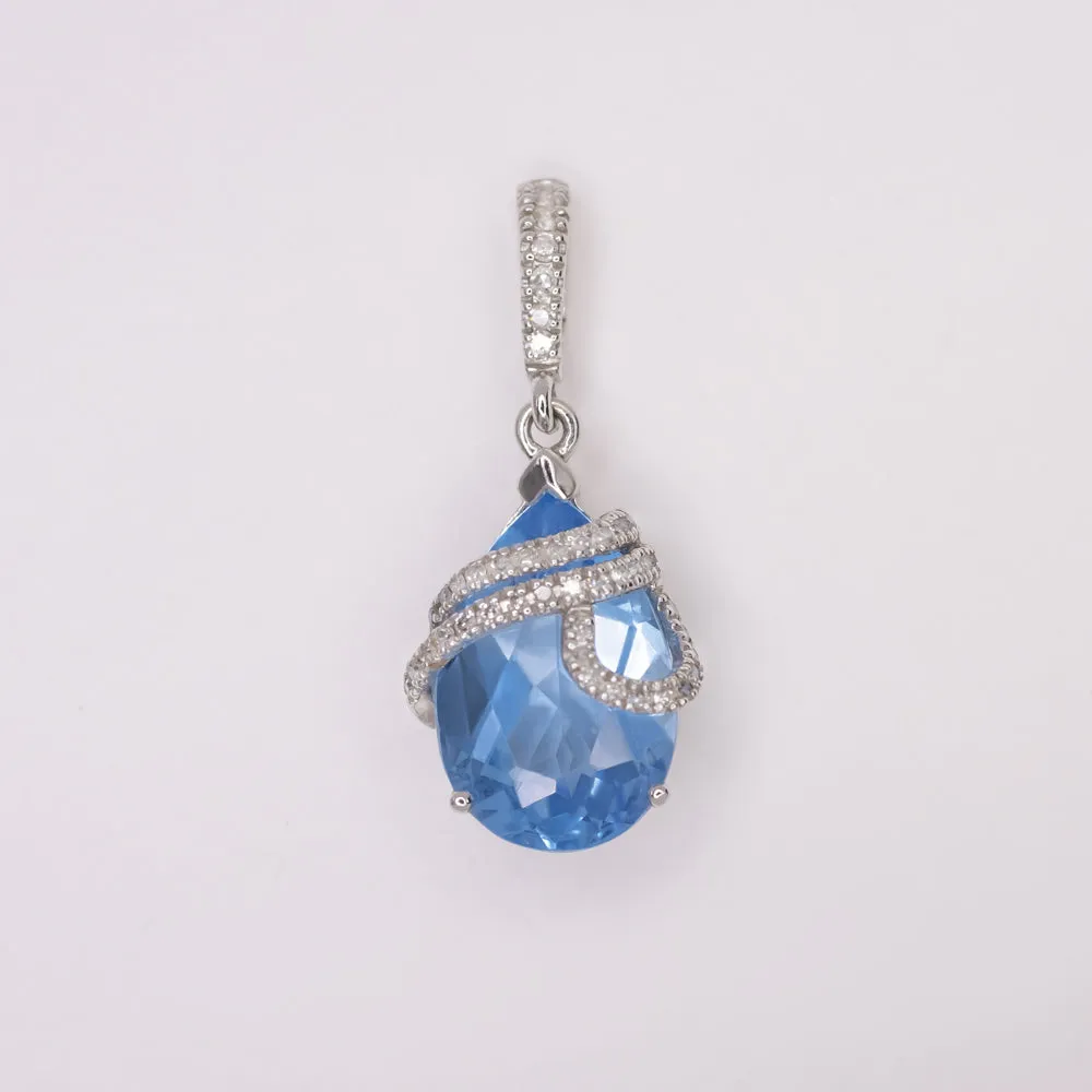 BLUE TOPAZ DIAMOND PENDANT WHITE GOLD NATURAL PEAR SHAPE TEARDROP NECKLACE