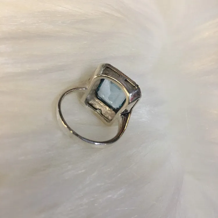 Blue Topaz Queen Solitaire Silver Ring Art Deco style Marcasite