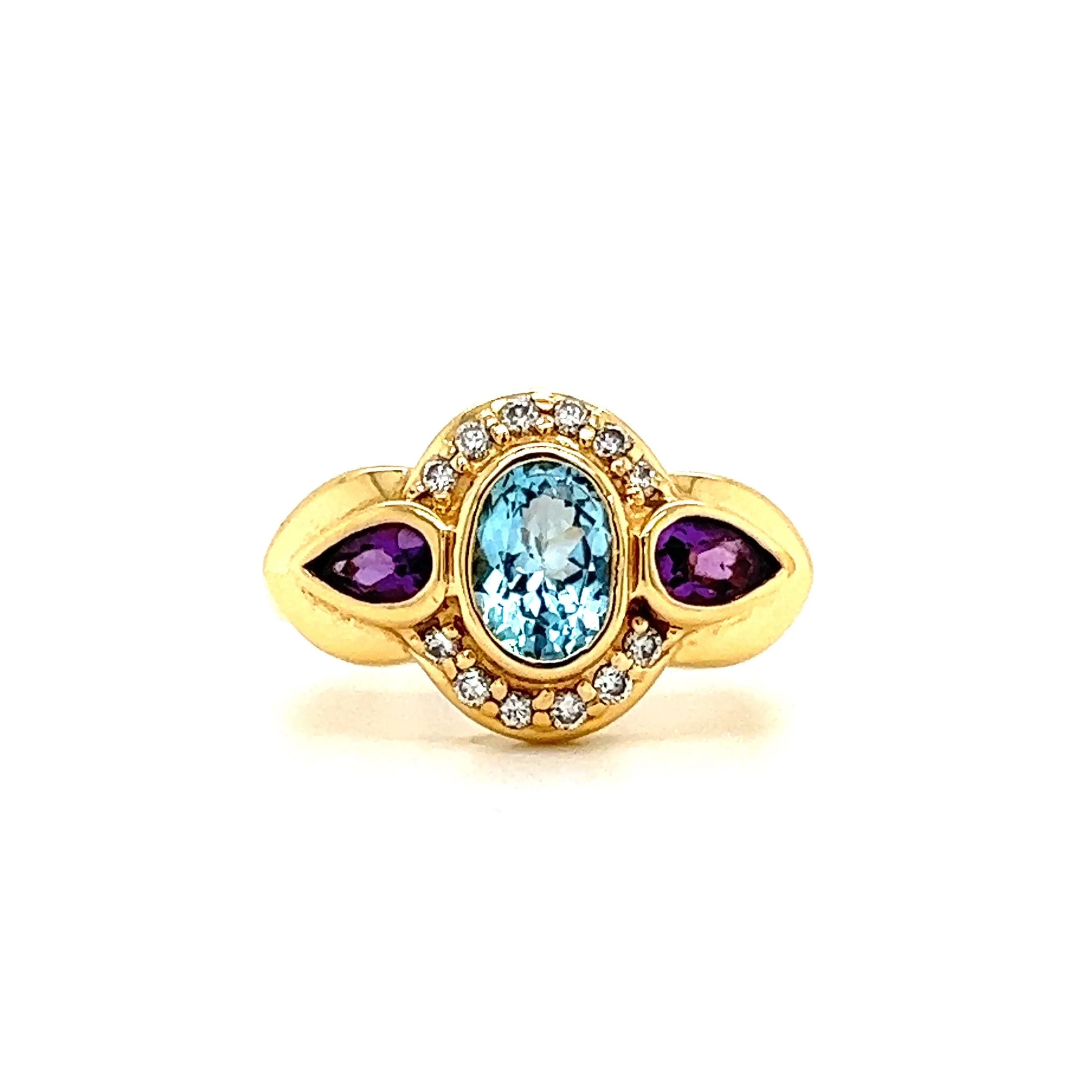 Blue Topaz Ring with Side Amethysts and Diamonds in 14K Yellow Gold