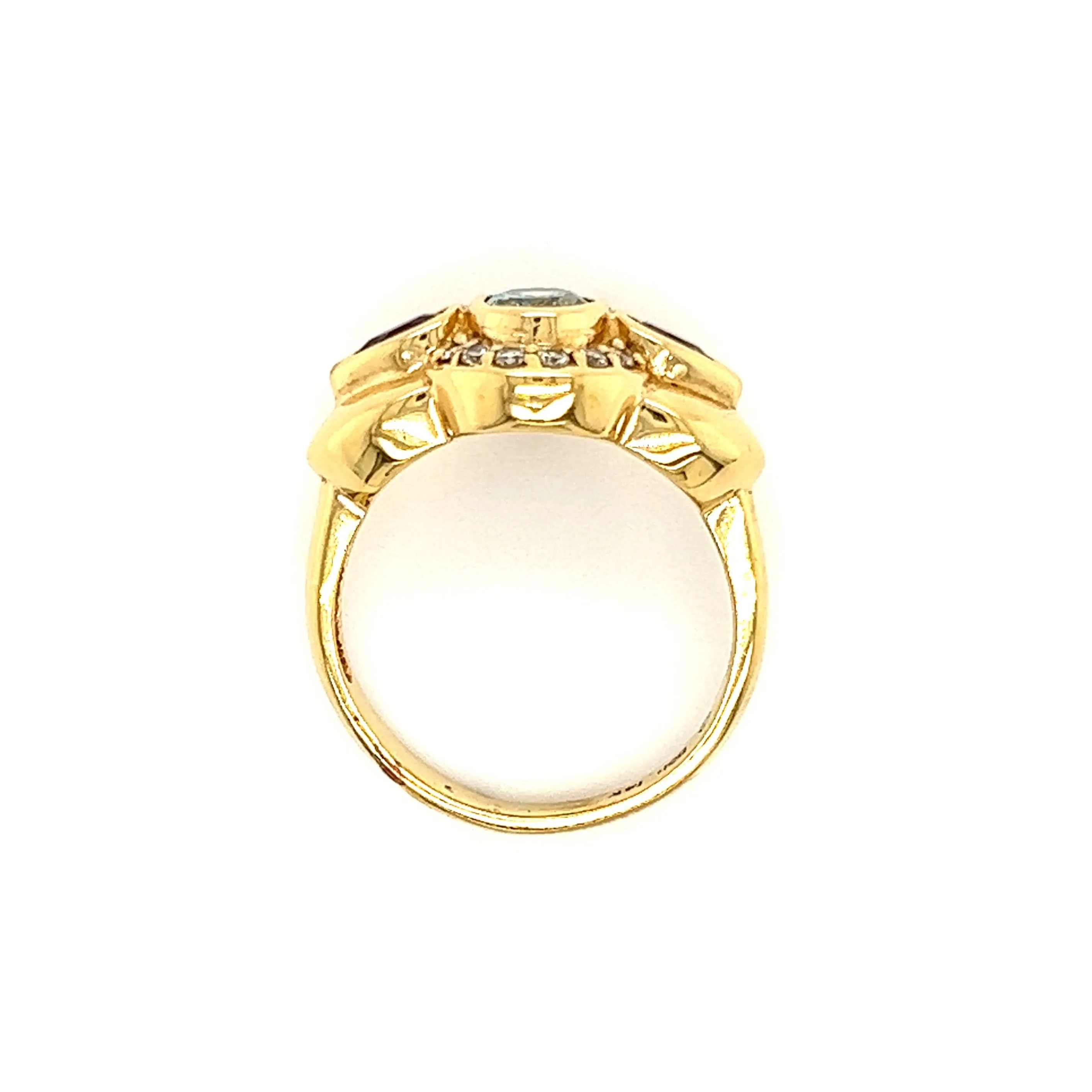 Blue Topaz Ring with Side Amethysts and Diamonds in 14K Yellow Gold