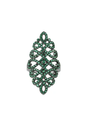 Calligraphy Wave Cocktail Ring Emerald Green Silver
