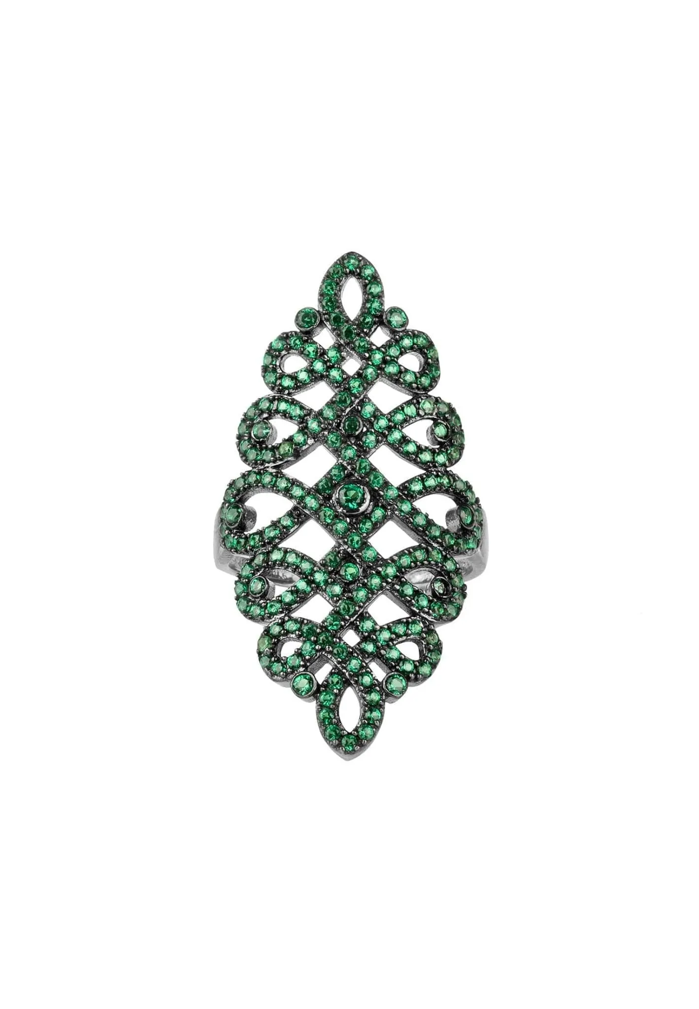Calligraphy Wave Cocktail Ring Emerald Green Silver