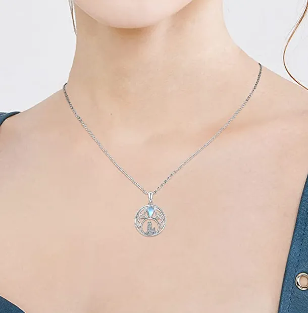 Celtic Knot Wolf Howling Moon Pendant Moonstone Necklace Wolf Leaf Jewelry Celtic Nordic Viking Ruins Hunter Norse Gift 925 Sterling Silver Chain 24in.