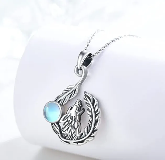 Celtic Knot Wolf Howling Moon Pendant Moonstone Necklace Wolf Leaf Jewelry Celtic Nordic Viking Ruins Hunter Norse Gift 925 Sterling Silver Chain 24in.