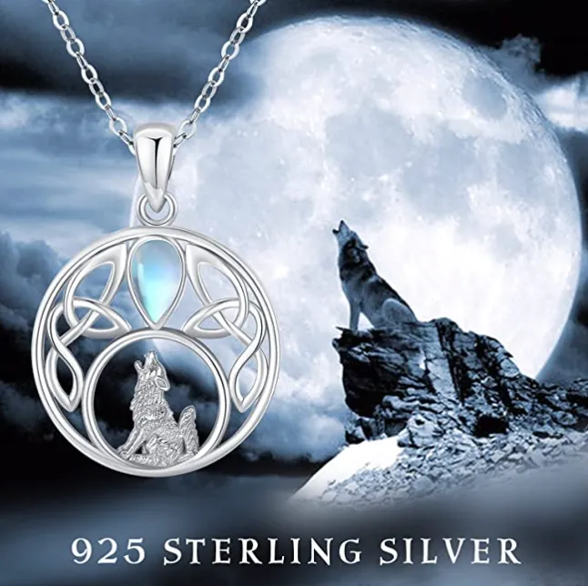 Celtic Knot Wolf Howling Moon Pendant Moonstone Necklace Wolf Leaf Jewelry Celtic Nordic Viking Ruins Hunter Norse Gift 925 Sterling Silver Chain 24in.