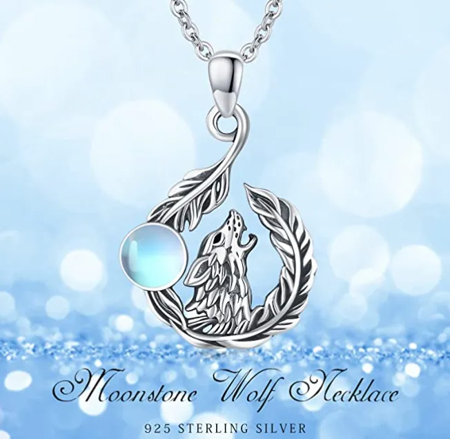 Celtic Knot Wolf Howling Moon Pendant Moonstone Necklace Wolf Leaf Jewelry Celtic Nordic Viking Ruins Hunter Norse Gift 925 Sterling Silver Chain 24in.